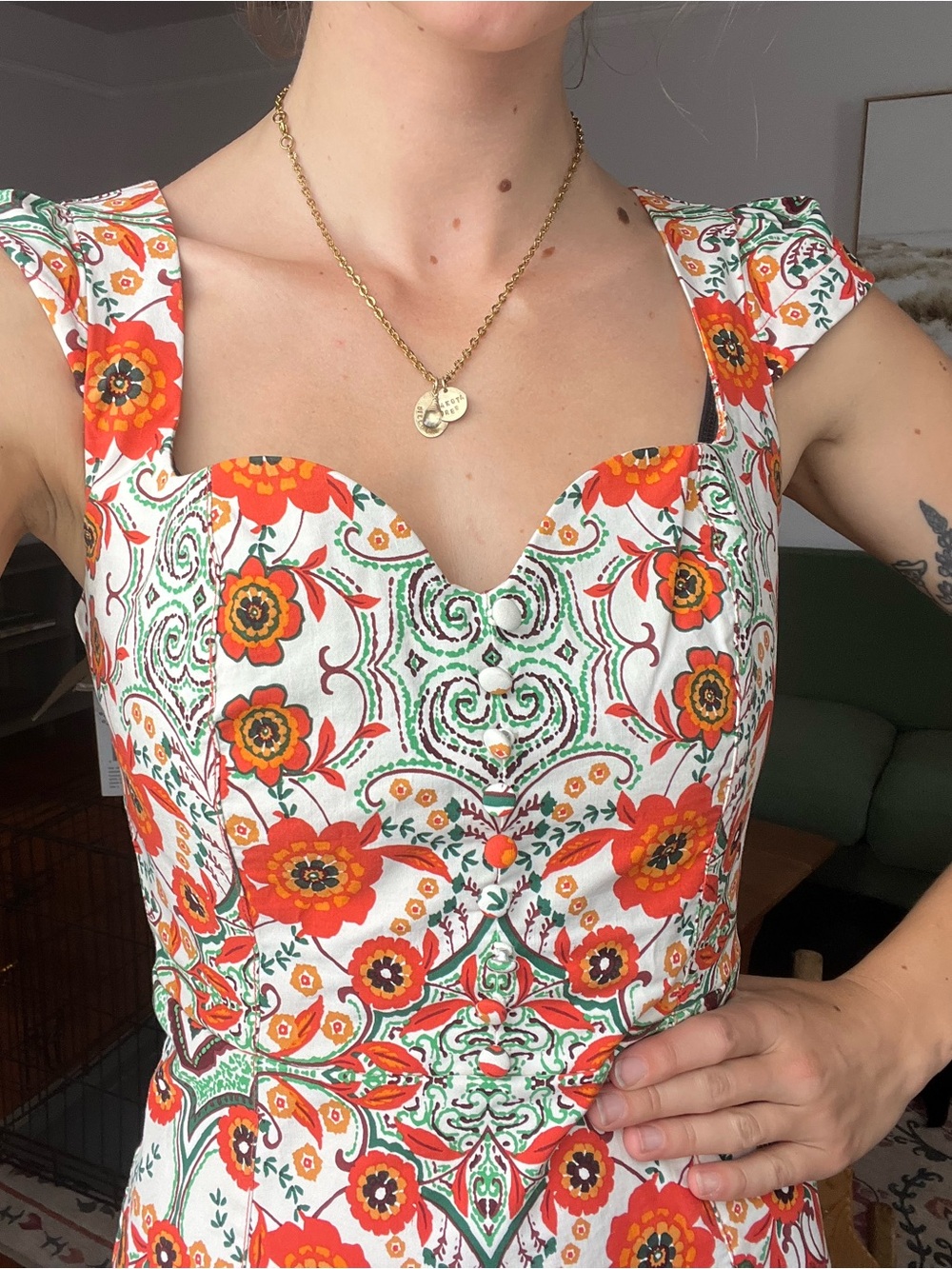 Anthropologie Orange and Green Floral Cap-Sleeve Midi Dress